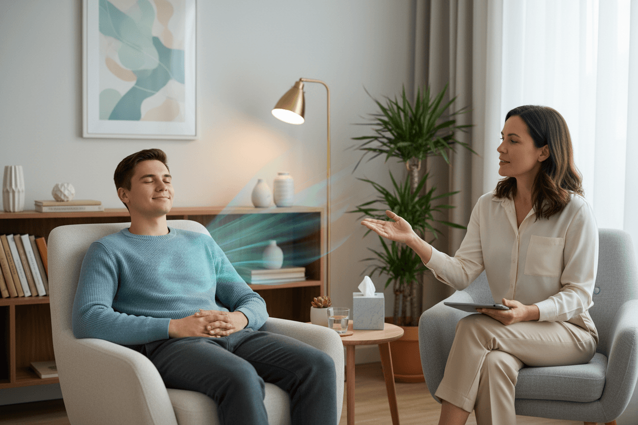 Hypnotherapy for anxiety session showing therapist helping client with relaxation techniques for anxiety relief and stress management