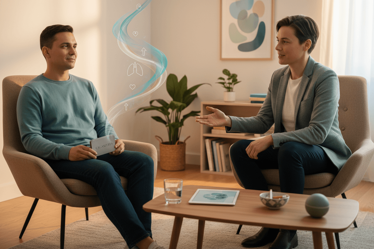 Quit smoking hypnotherapy session with professional hypnotherapist helping client break nicotine addiction and become smoke-free for good