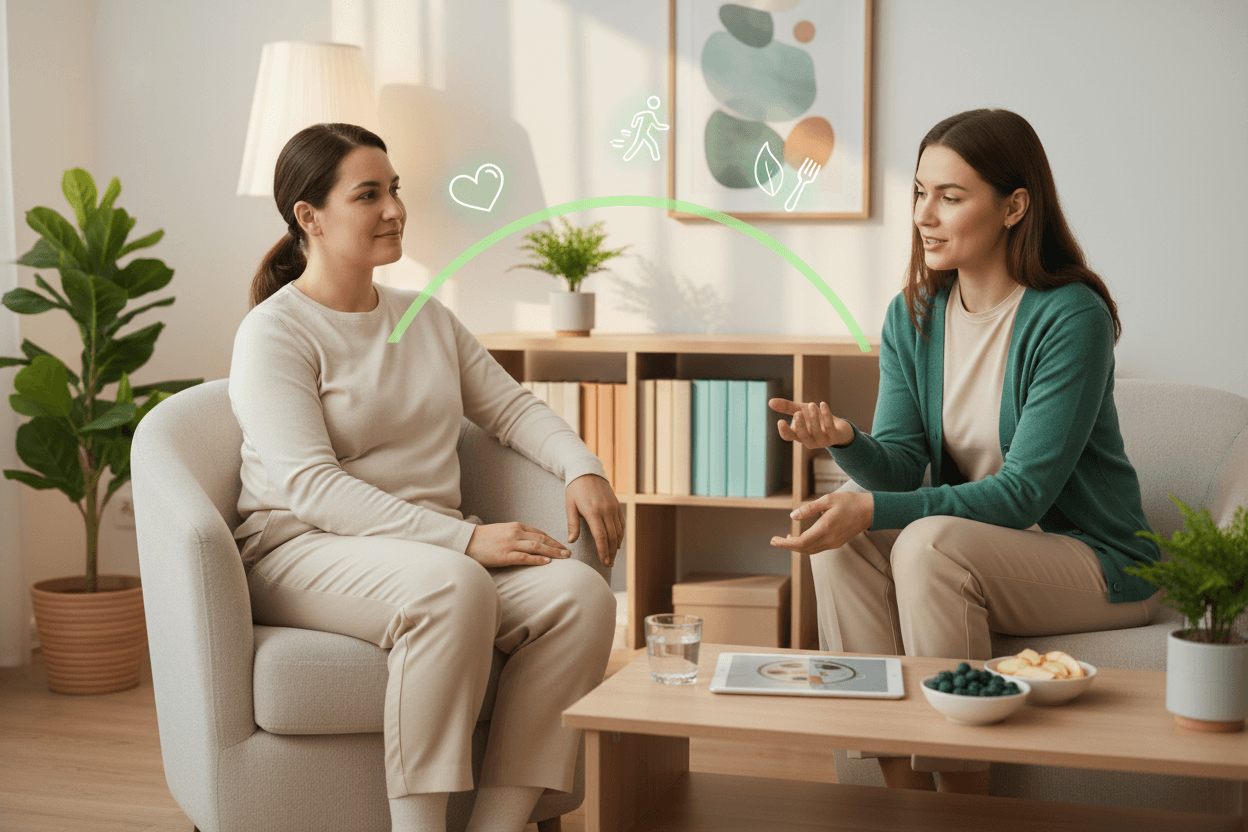 Weight loss hypnotherapy session with certified hypnotherapist helping client overcome emotional eating and achieve sustainable weight management goals