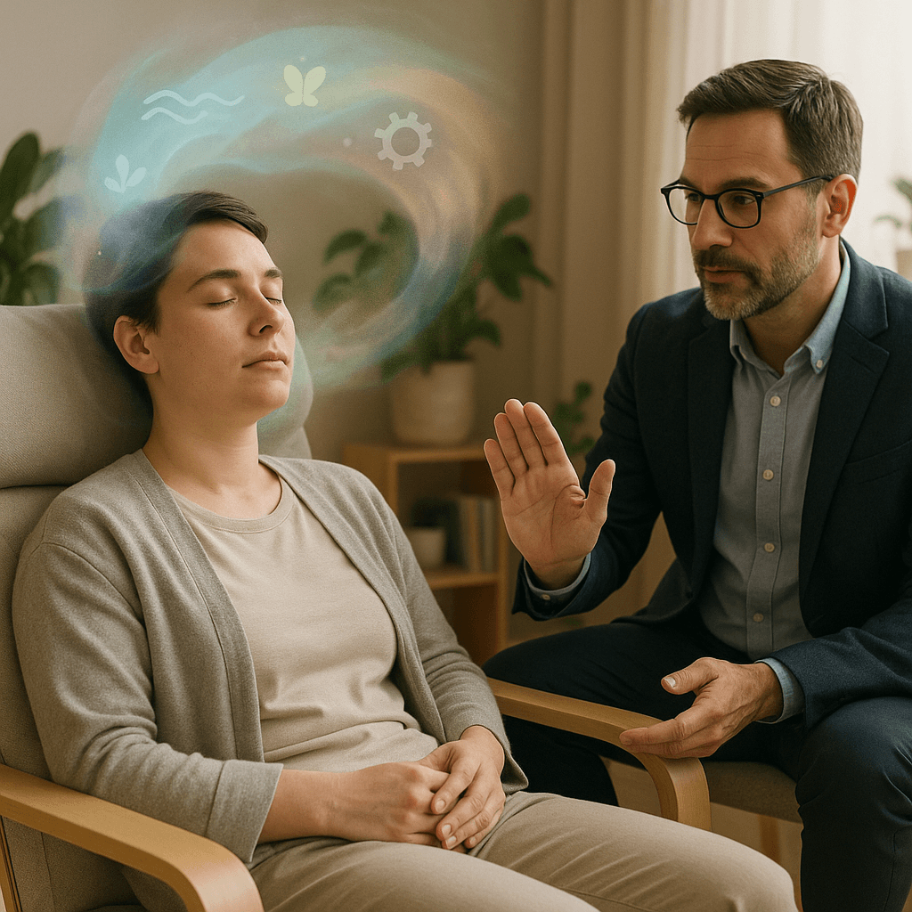 What is hypnotherapy explained with professional hypnotherapist conducting therapeutic session demonstrating clinical hypnotherapy techniques for anxiety, weight loss, and behavioral change